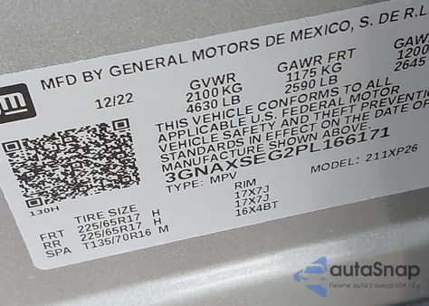 2023 Chevrolet Equinox Awd Ls z USA, uszkodzony, nr VIN 3GNAXSEG2PL166171